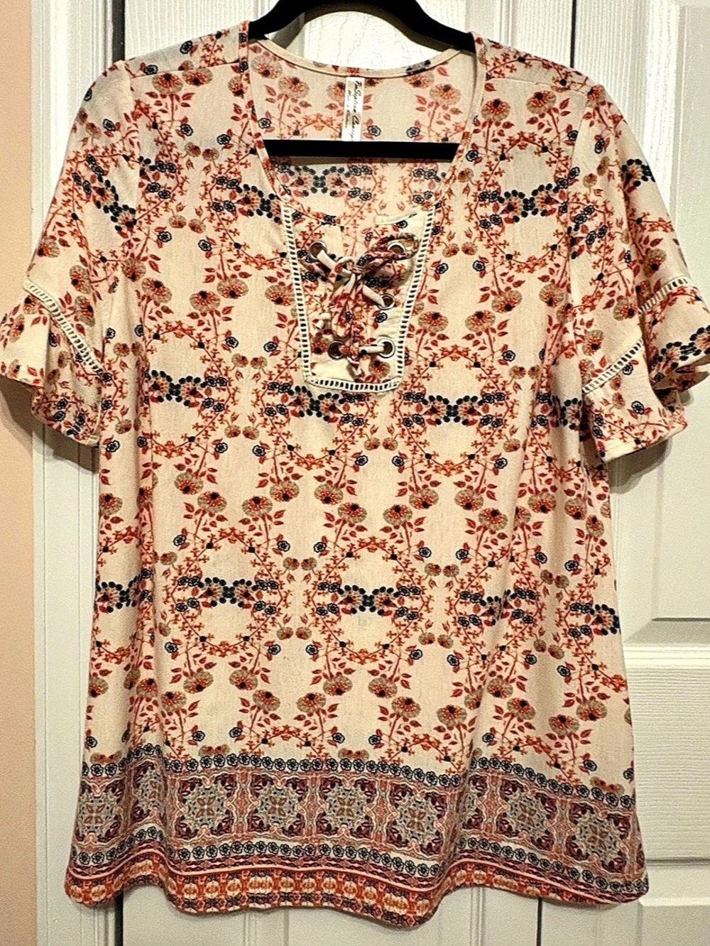 PerSeption Concept Floral Lace-Up Blouse in Pink & Orange XL Like New